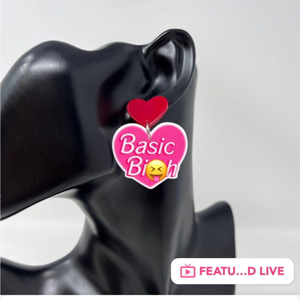 Red Acrylic heart stud earrings w/pink basic b*tch
